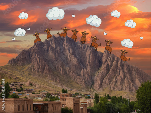 Whimsical Cartoon Cows with Hats on Mountain Peaks at Sunset, Surreal Landscape with Clouds and Hearts Above Village