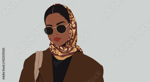 Stylized portrait of a woman with a brown and gold patterned headscarf and round dark sunglasses