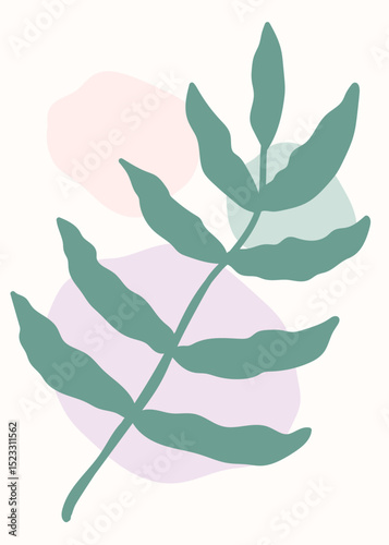 Green boho leaf overlapping pastel colored abstract shapes, vector