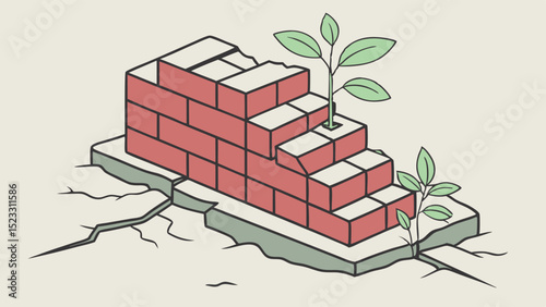Brick Wall with Cracks and Plants Growing Through