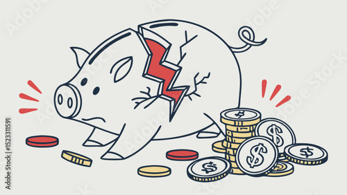 Broken Piggy Bank with Scattered Coins Depicting Financial Loss