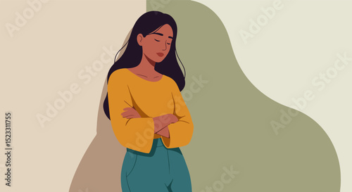 Young woman in mustard yellow top and teal green pants standing thoughtfully in an illustrative portrait