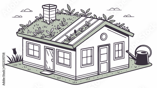 Charming House with Lush Green Sedum Roof and Watering Can