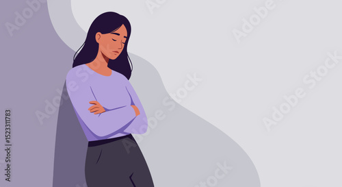 Young woman with long dark hair in light purple top and dark blue pants standing against gradient blue background