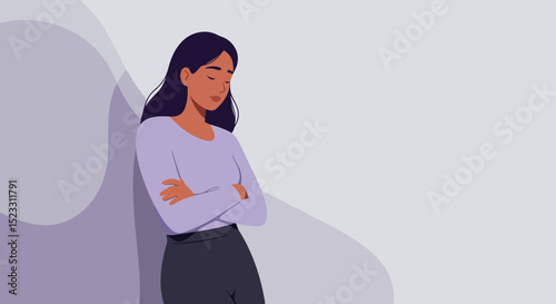 Young woman with long dark hair in light purple shirt and dark blue pants standing with arms crossed