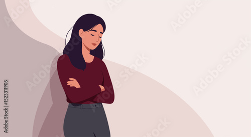 Young woman with long dark hair in a contemplative pose with arms crossed