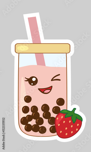 Sticker with kawaii style strawberry bubble tea glass with boba pearls and straw, vector