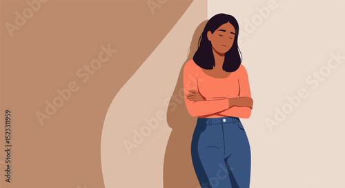 Young woman with long dark hair in pink top and blue jeans standing with arms crossed against a gradient brown and beige background