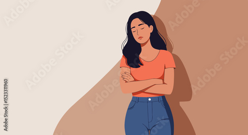 Young woman with long dark hair standing against a gradient background with arms crossed