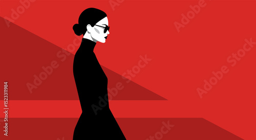 Female in profile with dark hair and glasses in a form-fitting dark dress against a vivid red background