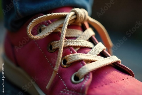 Close-up of a relaxed, untied shoelace hanging loosely, suggesting a sense of casualness and freedom from constraint The laces are worn and show signs of age , macro, laces, ease photo