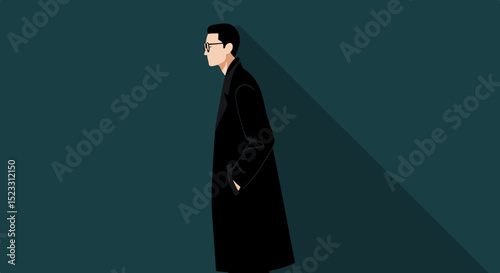 Minimalist illustration of a male figure in profile with rectangular glasses and a dark overcoat