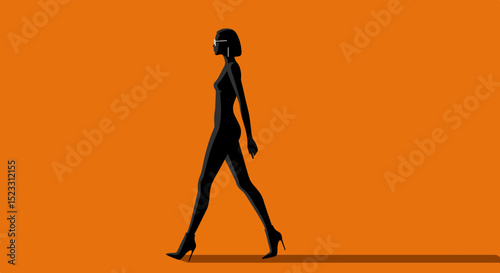 Minimalist stylized silhouette of a woman walking in a form-fitting outfit with high-heeled shoes