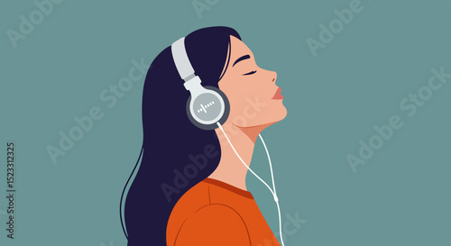 Young woman in red top wearing headphones with light green background