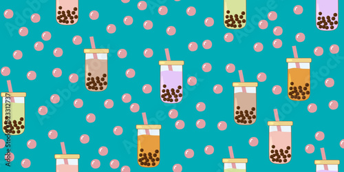 Seamless pattern with different colored boba tea glasses and tapioca pearls blue background, vector