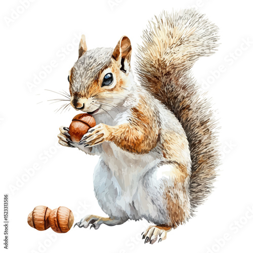 watercolor vector of Squirrel Gathering Acorns Quickly, high quality, isolated on a white background.