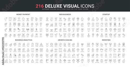 Business analytics and presentation, new startup development, growth and scaling with arrows line icon set. Money, bank payment and investing in trends thin black outline symbols vector illustration