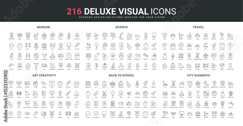 Travel and tourist attractions, tour for antiques in museum, art creativity and ideas line icon set. Science, student study, city buildings and transport thin black outline symbols vector illustration