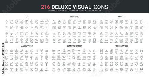 Audio and video content, business presentation line icon set. Search for trends and advertising of blogging, responsive interface and website development thin black outline symbols vector illustration
