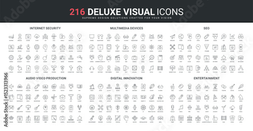 Production of audio and video content, digital innovation, internet security, SEO service line icon set. Multimedia devices for entertainment and work thin black outline symbols vector illustration