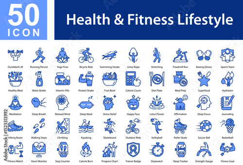 Health & Fitness Lifestyle Collection of Icons with Blue Color, Containing: Dumbbell Lift  ,Running Person  ,Yoga Pose  ,Bicycle Ride  ,Swimming Stroke  ,Jump Rope  ,Stretching  ,Treadmill Run