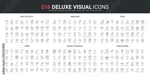 Kids activity and sport for knowledge and health, medicine science line icon set. Back to school, smart toys and games, baby care and maternity items thin black outline symbols vector illustration