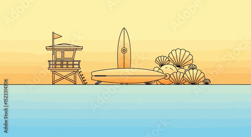 Sunset Beach Scene Surfboard, Lifeguard Tower, and Shells