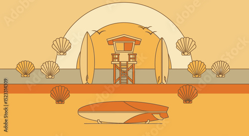 Retro Summer Beach Scene Surfboards, Lifeguard Tower, Shells