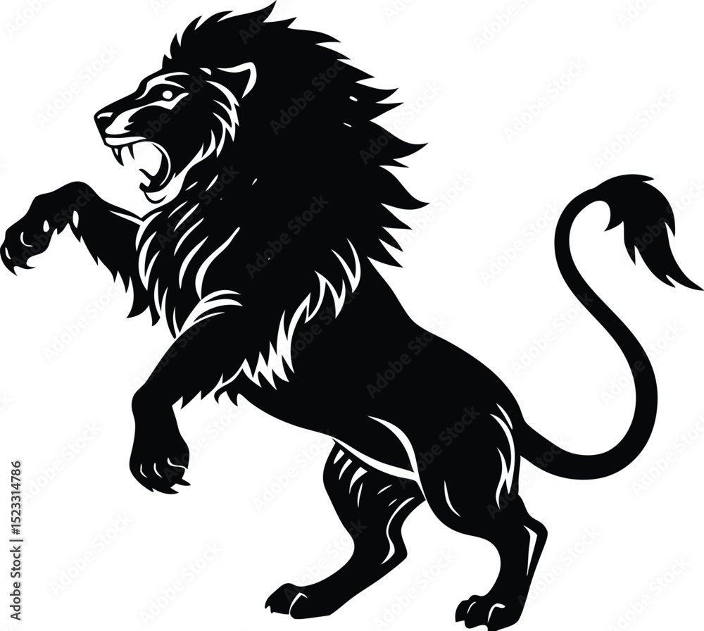 Obraz premium Fierce Roaring Lion Silhouette Standing on Two Legs Vector Illustration