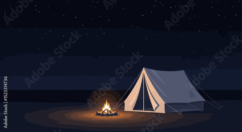 Night Camping Scene Tent, Campfire, and Starry Sky Illustration