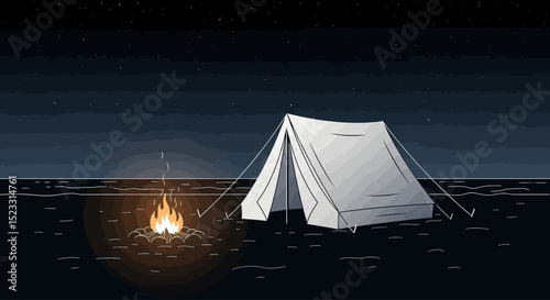 Night Camping Scene Tent and Campfire by the Sea
