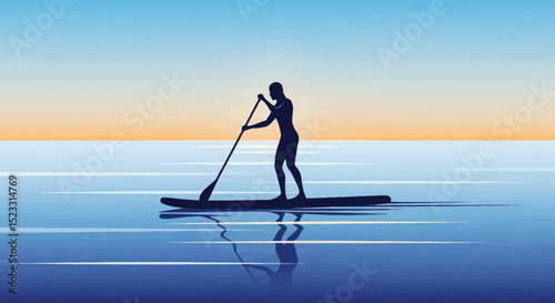 Sunset Paddleboarding Silhouette of a Person on a Paddleboard at Sea
