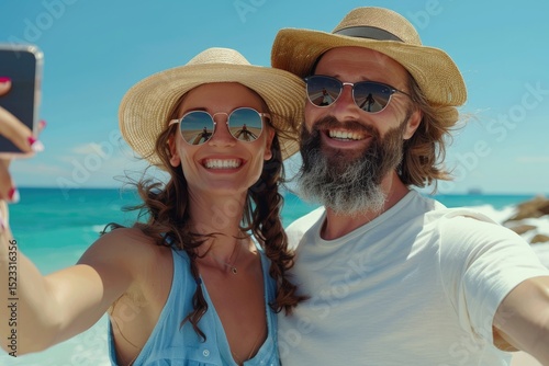 High Resolution Picture of Smiling Couple Taking Beach Selfie