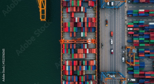 Large cargo ship loaded with containers docked at a port with cranes. Copy space.