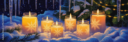 Cozy Winter Night Scene with Snowflake Jar Candles, Icicles, Pine Branches, and Festive Fairy Lights Under Snowy Christmas Tree