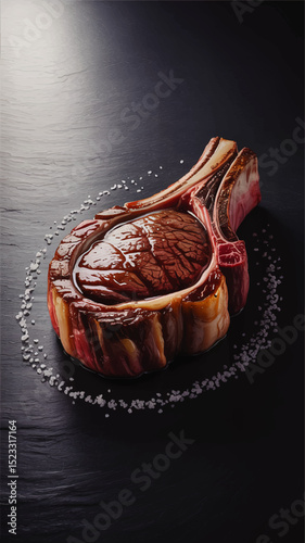 Raw Tomahawk Ribeye Steak with Bone Marbled Texture on Black Slate, Surrounded by Sea Salt – Gourmet Meat Food Photography