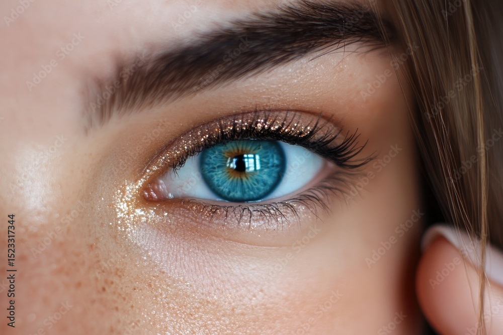 Obraz premium Close-up of an eye, showcasing vibrant color and light. Detail of brow and skin texture visible