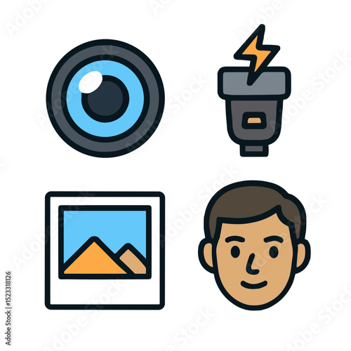 Set of flat vector icons: camera lens, flash, photo and portrait, colorful minimal style for World Photography Day celebration