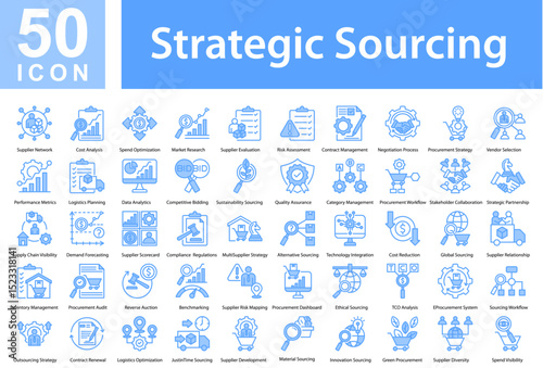 Strategic Sourcing Collection of Icons with Blue Color, Containing: Supplier Network  ,Cost Analysis  ,Spend Optimization  ,Market Research  ,Supplier Evaluation  ,Risk Assessment  ,Contract Managemen