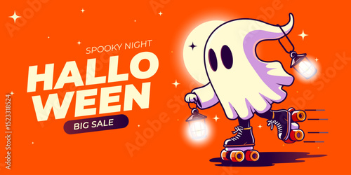 Halloween Sale concept. Halloween promotion poster. Halloween Sale banner template with ghost. Halloween ghost banner poster design. Halloween spooky night. Halloween background with ghost. Vector
