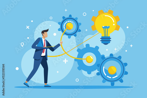 Businessman Connecting Gears and Ideas businessman suit shown connecting gears idea lightbulb with strings This illustrates the concept connecting ideas processes business businessman gears idea