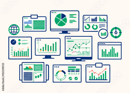 Business Data Visualization Icons Collection various data visualization elements including charts graphs and dashboards displayed different computer screens and documents The design style simple and