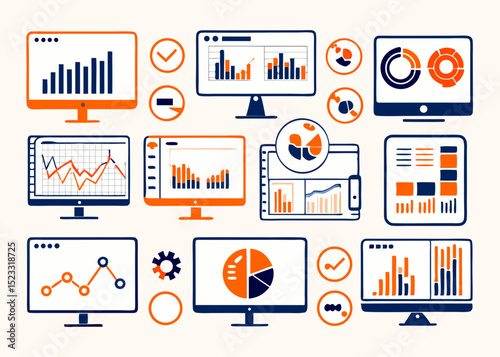 Business Data Visualization on Multiple Screens Various computer and tablet screens display different types charts and graphs representing data analysis and business insights data visualization