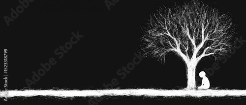 Monochrome scene showing a figure kneeling beneath a leafless tree in a dark landscape
