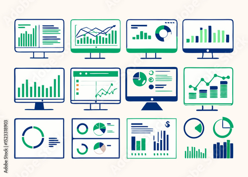 Business Data Visualization on Computer Screens Collection various computer screens displaying different types charts and graphs including bar graphs line graphs and pie charts The