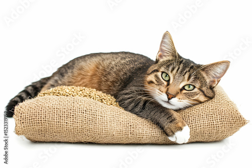 Tabby cat lounging on a pillow on a white background. photo