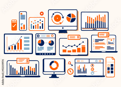 Business Data Analysis Dashboard Illustration Colorful graphic illustration various computer screens and devices displaying different types business data analysis charts and graphs The image depicts
