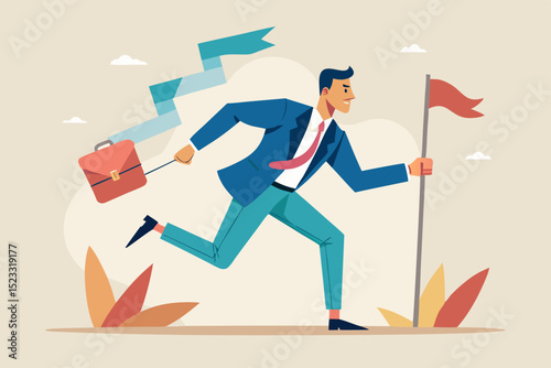 Businessman Running Towards Success businessman suit running forward carrying briefcase and holding flag determined and focused his goals businessman business success career goal motivation running
