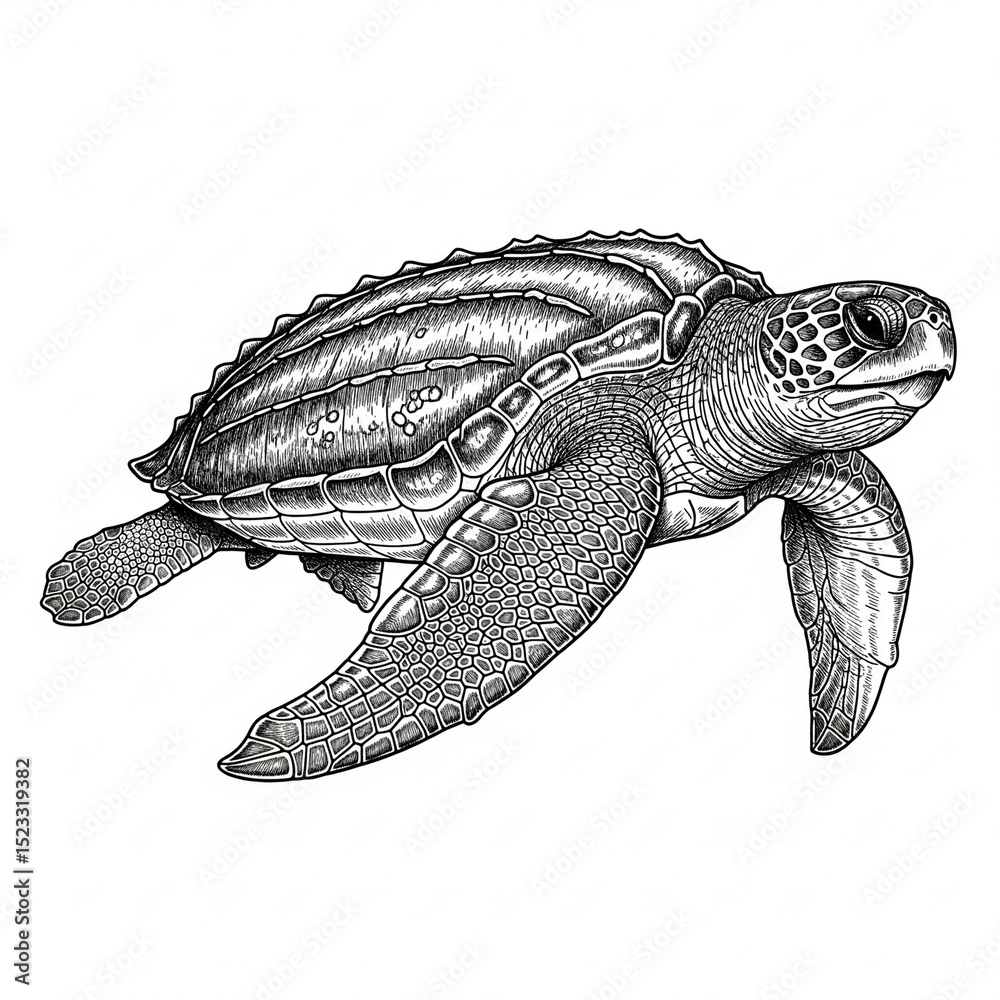Obraz premium Hand-drawn sea turtle swimming in coral reef — detailed black and white underwater scene.