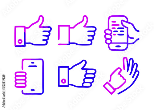 Hand Gestures and Mobile Devices Set icons depicting hands giving thumbs interacting with mobile phones remotes vibrant purple blue gradient thumbs like approval mobile phone
